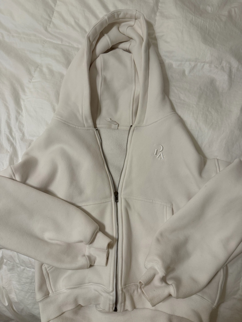 P’tula White Zip-Up Hooded Sweater with Embroidered Logo